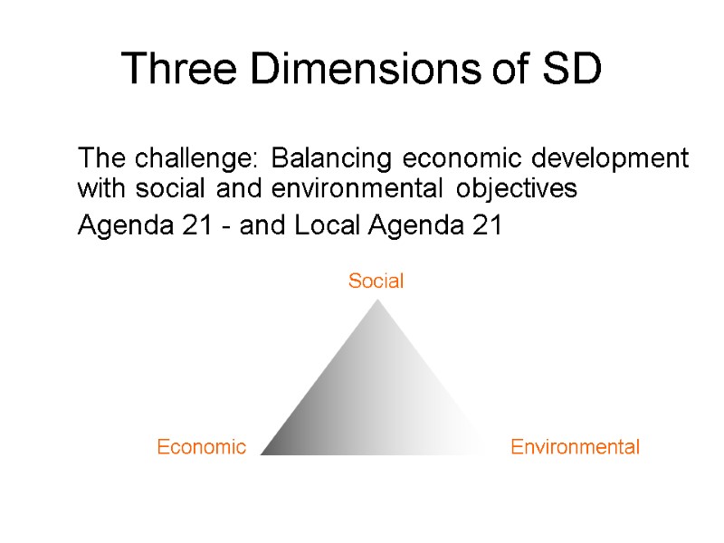 Three Dimensions of SD   Social   Economic   Environmental The